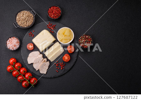 Dairy white mozzarella cheese sliced Dairy white mozzarella cheese sliced 127687122
