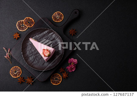 A slice of pink colored puff cake for a birthday celebration A slice of pink colored puff cake for a birthday celebration 127687137