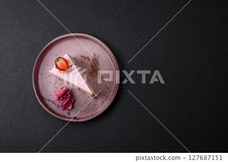 A slice of pink colored puff cake for a birthday celebration A slice of pink colored puff cake for a birthday celebration 127687151