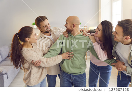 Friendly helping people, friends in community for support activity, social assistance Friendly helping people, friends in community for support activity, social assistance 127687168