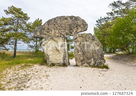 Kolkasrags Monument at Cape Kolka, Latvia. Unique Stone Landmark by the Sea Kolkasrags Monument at Cape Kolka, Latvia. Unique Stone Landmark by the Sea 127687324