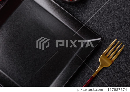 Empty plate with fork, cutlery for dinner table Empty plate with fork, cutlery for dinner table 127687874