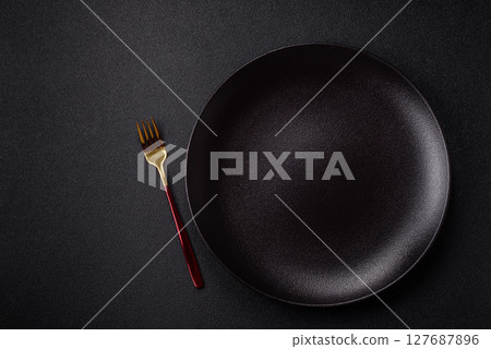Empty plate with fork, cutlery for dinner table Empty plate with fork, cutlery for dinner table 127687896