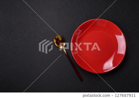 Empty plate with spoon, cutlery for dinner table Empty plate with spoon, cutlery for dinner table 127687911