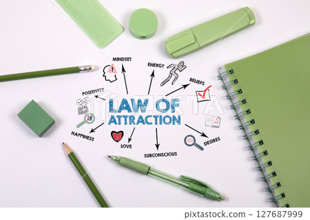 Law of attraction Concept. Illustration with icons, keywords and arrows 127687999