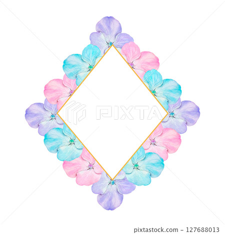 rhombus frame made of hydrangea petals and gold thread. Watercolor painting of blue, pink and purple hydrangea petals isolated on a white background. 127688013