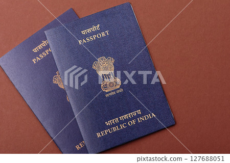 Indian passport for travelling, flying and doing business. India document 127688051