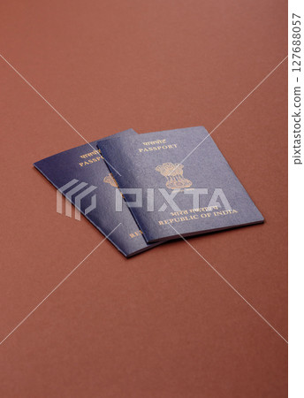 Indian passport for travelling, flying and doing business. India document 127688057
