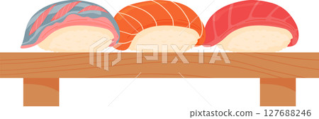 Cartoon salmon, tuna and iwashi sushi on wooden board. Asian food Japanese cuisine, traditional food isolated on white background 127688246