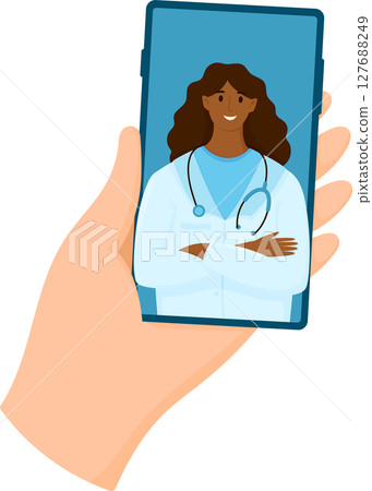 Telemedicine concept. Hand holding smartphone with online clinic app. Video call with female black doctor Telemedicine concept. Hand holding smartphone with online clinic app. Video call with female black doctor 127688249