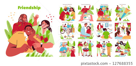 Vector illustration depicting various scenes of friendship. People engaging in activities like cycling, having deep conversations, enjoying picnics, and collaborating on projects. 127688355