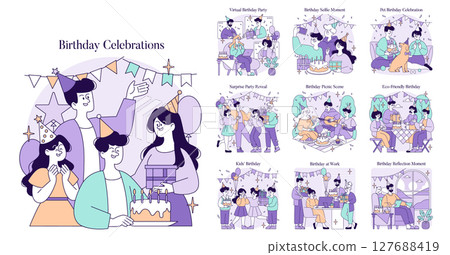 Vector illustration showcasing various birthday celebrations including virtual parties, surprise reveals, and pet festivities. Features joyful characters, festive decorations, and cake sharing. 127688419