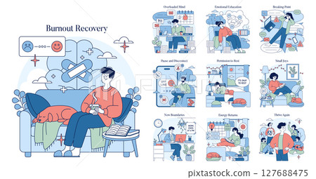 Vector illustration depicting burnout recovery through various stages. Scenes include relaxation, setting boundaries, and embracing small joys. Emphasizes self-care and emotional well-being. 127688475