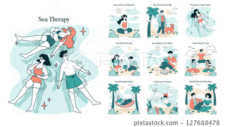 Vector illustration depicting people in calm ocean waters for sea therapy. Various activities include floating, meditation, yoga, and personal reflection, promoting relaxation and serenity. 127688478