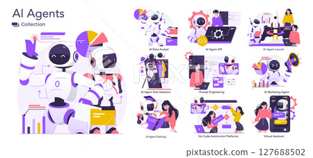 Colorful vector illustration showcasing AI agents in roles such as data analyst, API developer, marketing agent, and virtual assistant. Highlights advanced technology and teamwork concepts. 127688502