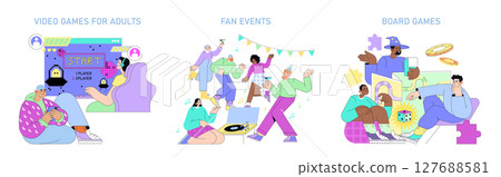 Vector illustration depicting adults engaging in video games, board games, and fan events. Expressions of joy and excitement emphasize social interaction and entertainment. Vector illustration depicting adults engaging in video games, board games, and fan events. Expressions of joy and excitement emphasize social interaction and entertainment. 127688581