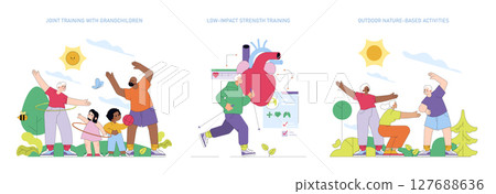Vector illustration showing an active family enjoying outdoor activities together. Includes children and adults engaging in stretching, exercising, and playing games under a sunny sky, promoting 127688636