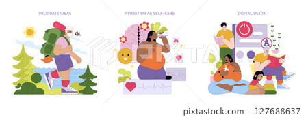 Vector illustration showing diverse self-care activities. A person hiking outdoors, another enjoying hydration for wellness, and a group dedicating time to digital detox and reading. 127688637