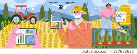 Illustration of smart agriculture with a farmer using a tablet, drone, and automated irrigation system in a field. Showcases digital tools in modern farming techniques. 127688638