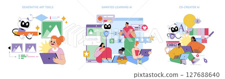 Vector illustration showcasing AI applications in art, learning, and collaboration. Features AI robots assisting in generative art, gamified education, and creative cooperation with diverse groups. Vector illustration showcasing AI applications in art, learning, and collaboration. Features AI robots assisting in generative art, gamified education, and creative cooperation with diverse groups. 127688640