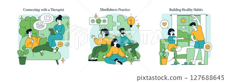 Vector illustration highlighting mental wellness activities such as therapy sessions, mindfulness meditation, and exercise routines, promoting positive emotional health. Vector illustration highlighting mental wellness activities such as therapy sessions, mindfulness meditation, and exercise routines, promoting positive emotional health. 127688645