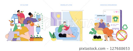 Vector illustration depicting three concepts. DIY culture shows people gardening and sewing. Minimalist living features someone reading with a pet. Conscious consumerism shows online ethical shopping. 127688653