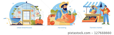 Vector illustration of urban greenhouses, harvesting pumpkins, and a vibrant farmers market. Features a farmer with a pumpkin and a customer buying fresh produce, capturing expressions of satisfaction Vector illustration of urban greenhouses, harvesting pumpkins, and a vibrant farmers market. Features a farmer with a pumpkin and a customer buying fresh produce, capturing expressions of satisfaction 127688660