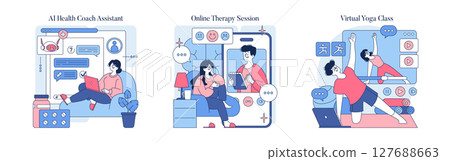 Set of vector illustrations depicting modern digital health solutions. Includes AI health coach assistant, online therapy session, and virtual yoga class. Illustrations show engaging and interactive 127688663