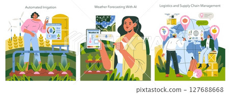 Vector illustration highlighting AI in agriculture, featuring automated irrigation, weather forecasting, and supply chain management, showcasing modern technology enhancing efficiency. 127688668