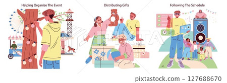 Vector illustration depicting event organizing activities. One person setting up decorations, a group distributing gifts, and individuals following a schedule. Emphasizes teamwork and planning. 127688670