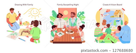 Three illustrations featuring family activities: drawing, storytelling, and vision board creation. Each depicts family members engaged, fostering creativity and bonding moments. 127688680