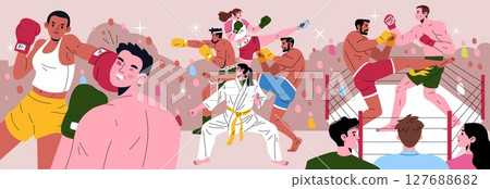 Vector illustration of martial artists and boxers in a dynamic competition, showcasing diverse fighting styles and intense physical engagement in a packed arena. 127688682