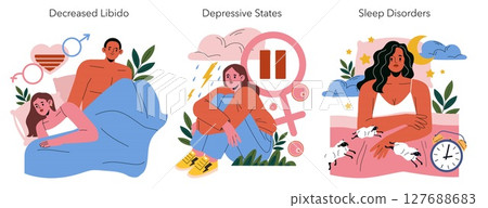 Vector illustration of emotional states: decreased libido with a couple lying in bed, depressive states with a person sitting alone, and sleep disorders with an individual awake at night. 127688683