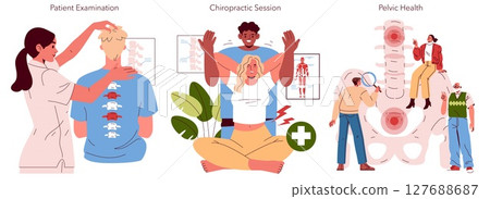 Vector illustration depicting a chiropractic session, patient examination, and pelvic health discussion. Shows diverse people interacting in healthcare settings, focusing on wellness. 127688687