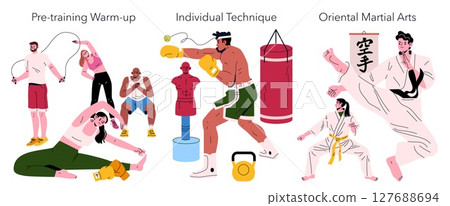 Vector illustration of fitness activities. People engaging in pre-training warm-up, practicing boxing techniques, and demonstrating martial arts. Displays diverse exercise routines and workouts. 127688694
