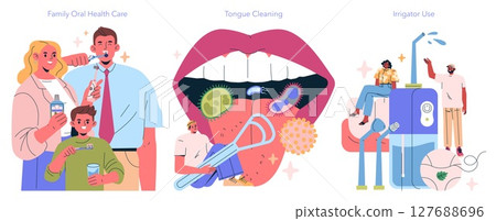 Illustration of a family practicing oral health care with toothpaste, mouthwash, and toothbrushes. Visuals of tongue cleaning and irrigator use highlight dental hygiene. Illustration of a family practicing oral health care with toothpaste, mouthwash, and toothbrushes. Visuals of tongue cleaning and irrigator use highlight dental hygiene. 127688696