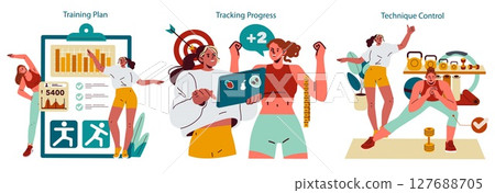 Personal trainer set. Fitness planning and structured workouts for effective progress. Monitoring exercise routines, tracking achievements and technique guidance during gym or home sessions. Vector 127688705