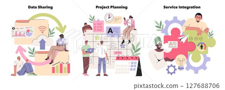 Vector illustration depicting teamwork concepts. People engaging in data sharing, project planning, and service integration shown through collaborative activities and communication. 127688706