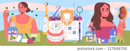 Vector illustration showing two women engaged in their daily dental care routine. Includes brushing teeth, using mouthwash, and checking their smiles in a mirror. Emphasizes oral hygiene. Vector illustration showing two women engaged in their daily dental care routine. Includes brushing teeth, using mouthwash, and checking their smiles in a mirror. Emphasizes oral hygiene. 127688708