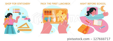 Essential tips for back-to-school preparations: stationery shopping, lunch packing, and nighttime routines. Essential tips for back-to-school preparations: stationery shopping, lunch packing, and nighttime routines. 127688717