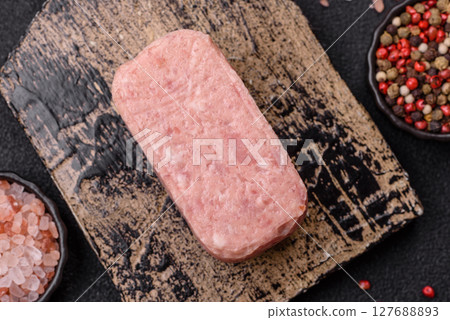 Canned ham, meat, pork, with spices and salt Canned ham, meat, pork, with spices and salt 127688893