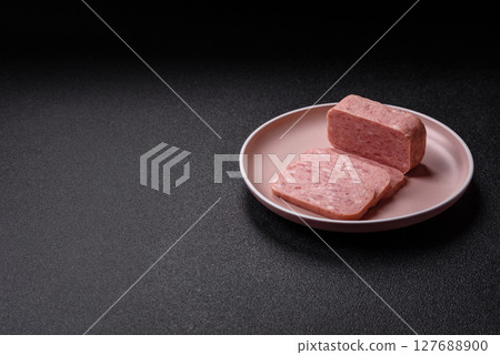 Canned ham, meat, pork, with spices and salt Canned ham, meat, pork, with spices and salt 127688900