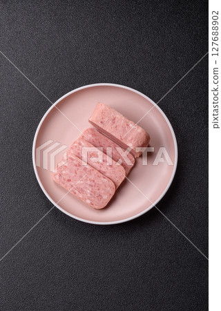 Canned ham, meat, pork, with spices and salt Canned ham, meat, pork, with spices and salt 127688902