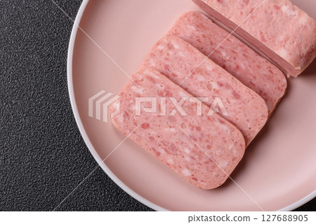 Canned ham, meat, pork, with spices and salt Canned ham, meat, pork, with spices and salt 127688905