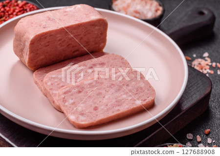 Canned ham, meat, pork, with spices and salt 127688908