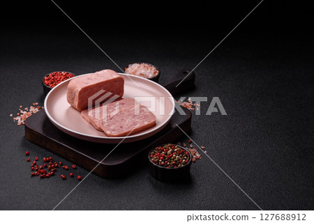 Canned ham, meat, pork, with spices and salt Canned ham, meat, pork, with spices and salt 127688912