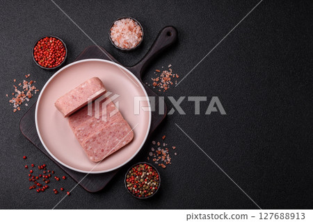 Canned ham, meat, pork, with spices and salt Canned ham, meat, pork, with spices and salt 127688913