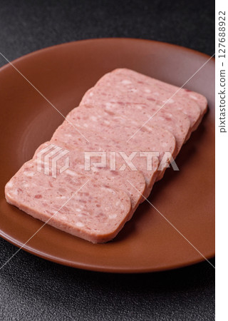Canned ham, meat, pork, with spices and salt Canned ham, meat, pork, with spices and salt 127688922