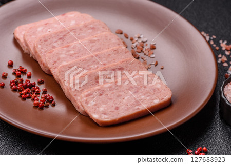 Canned ham, meat, pork, with spices and salt 127688923