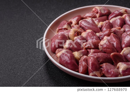 Chicken raw heart, red duck or turkey internal organs as an ingredient 127688970